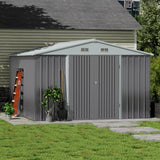 Grey metal garden storage shed with apex roof and closed double door panels