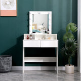 White makeup vanity with lit round-bulb mirror and open storage compartments