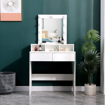 White makeup vanity with lit round-bulb mirror and open storage compartments