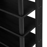Black shoe rack corner joint with shelf edge and metal support detail