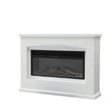White electric fireplace insert front view with log bed behind glass