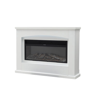 White electric fireplace insert front view with log bed behind glass