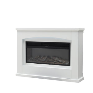 White electric fireplace insert front view with log bed behind glass