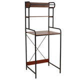 Over-the-toilet storage rack with black frame, dark wood top, and lower open shelf
