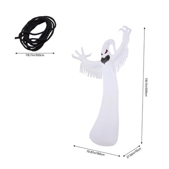 White inflatable Halloween ghost decoration with arms raised and black jagged mouth