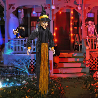 Halloween-29 witch costume: black hooded robe with orange web skirt and yellow pointed hat