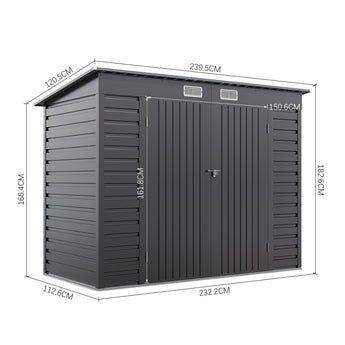 Black galvanized steel shed size diagram, height and depth measurements for double doors