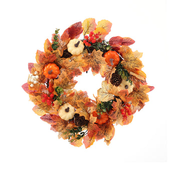 Orange autumn Halloween wreath with mixed leaves, berries, acorns, and pumpkin figurines