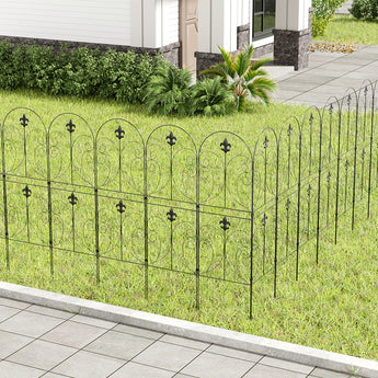 Black metal lawn edging fence panels with arched tops and fleur-de-lis ornaments