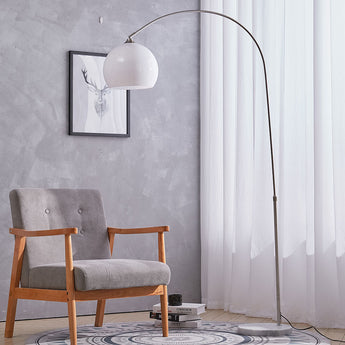 LED floor lamp with adjustable arch frame and white dome shade, marble base