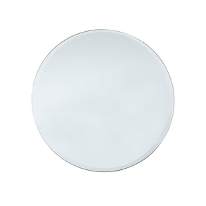 Round frameless wall-mounted mirror with clear, reflective glass face