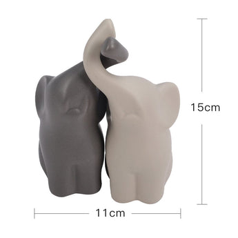 Ceramic couple elephant figurines set of 2, dark and light gray elephants