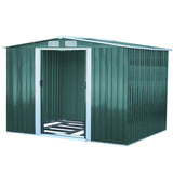 Dark green metal garden storage shed with sliding door and two roof vents