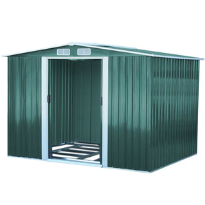Dark green metal garden storage shed with sliding door and two roof vents
