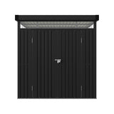 Metal storage shed front view, black corrugated panel with latch hardware