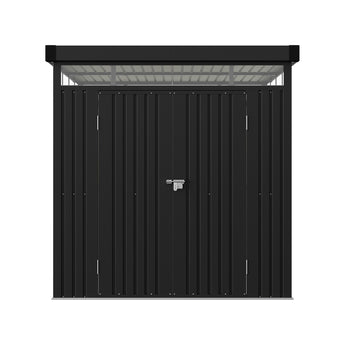 Metal storage shed front view, black corrugated panel with latch hardware