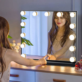 Rectangle LED makeup mirror with black frame and round bulbs along the edges
