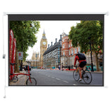 84-inch projector screen fully extended, black frame and white case