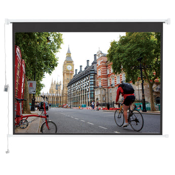 84-inch projector screen fully extended, black frame and white case