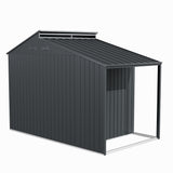 Metal garden storage shed angled view with grey corrugated walls and roof vent panels
