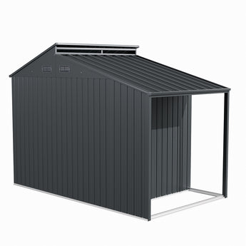 Metal garden storage shed angled view with grey corrugated walls and roof vent panels