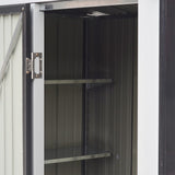 Metal storage shed interior shelves and door hinge, dark gray steel walls.