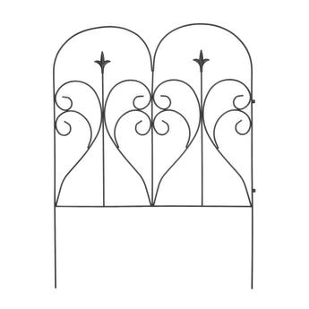 Metal garden fence panel with arched frame, scroll curls, and central spear finials, dark