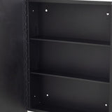 Bathroom mirror cabinet interior with dark shelves and mounting points