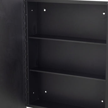 Bathroom mirror cabinet interior with dark shelves and mounting points