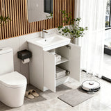 White corner bathroom vanity with ceramic sink, open cabinet doors, and inner shelving