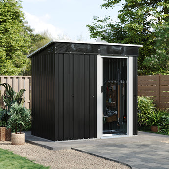 Anthracite metal garden storage shed with sliding door open, showing contents inside
