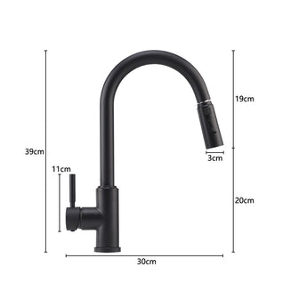 Black kitchen faucet dimensions: 30cm width, 39cm height, 20cm base height