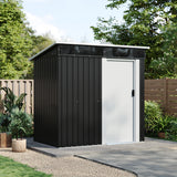 Anthracite metal garden storage shed with sliding door and pent roof, white door panel