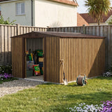 Wood-effect metal garden shed with open door and apex roof in backyard