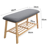 Bamboo shoe storage bench dimensions: 90cm x 34cm x 43cm with gray cushioned top