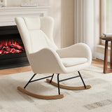 Cream lambswool rocking chair with high back, padded seat, black frame, wood runners.