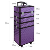 Purple 76 cm makeup case with dimensions shown; quilted pattern, handle and corner wheels