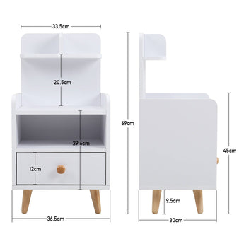 White wooden bedside table dimensions diagram: height 69cm, width 36.5cm