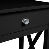 Black wooden nightstand drawer front with round chrome knob.