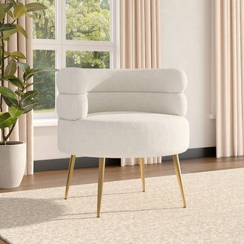 Cream teddy accent chair with rounded arms and gold legs, angled view