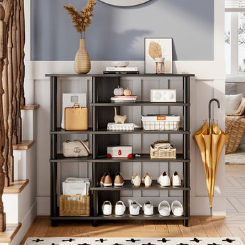 Black shoe rack with multiple open shelves for shoes, about 92 cm tall