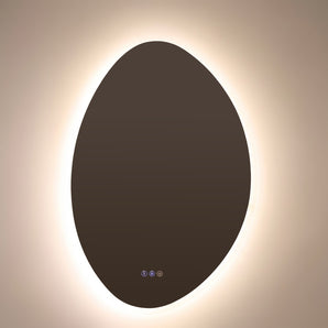 Oval frameless mirror with dimmable LED ring and touch control buttons at bottom