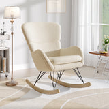Upholstered rocking lounge chair with high backrest, light beige upholstery and curved wood rockers