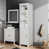 White tall cabinet with blind door open, showing shelves for bathroom toiletries
