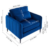 Blue single armchair sofa with size dimensions diagram and angled arm view