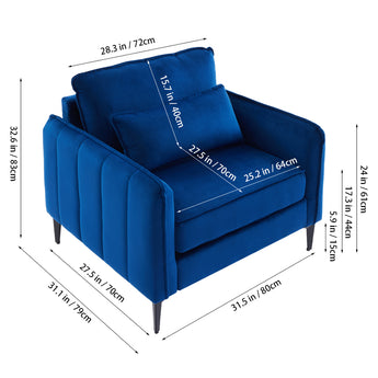 Blue single armchair sofa with size dimensions diagram and angled arm view