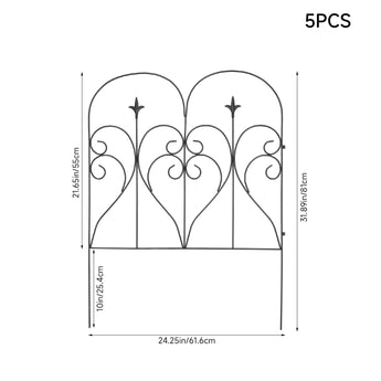 Metal garden fence panel with arched top scrollwork and spear finials, dark finish