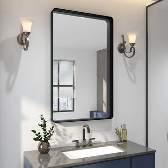 Rectangular wall mirror with dark metal frame and smooth glass, front view