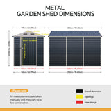 Garden shed dimensions diagram for a metal storage shed, showing overall and opening sizes