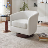 Cream upholstered swivel accent armchair with rounded seat and dark circular base.